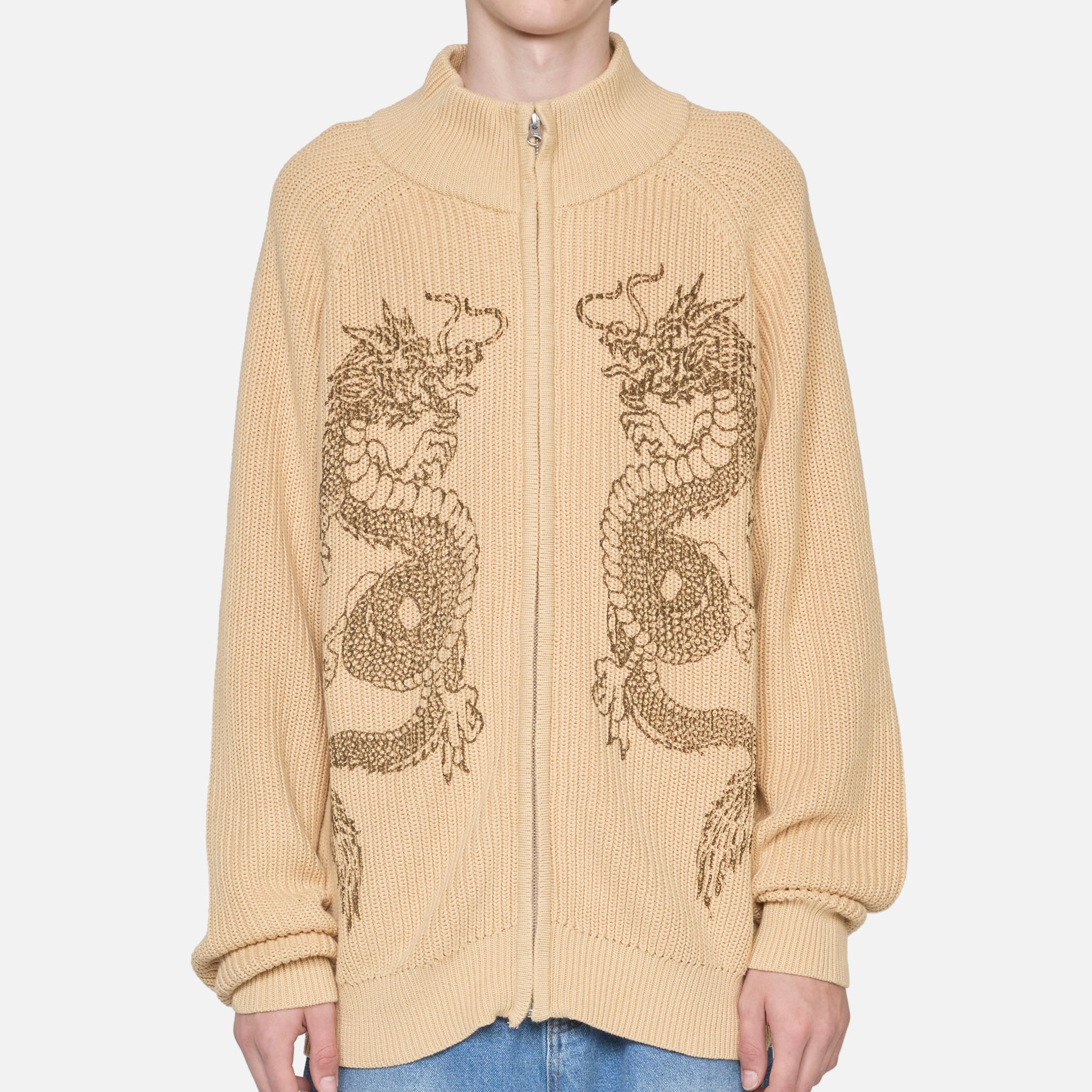 Dragon Zip-Thru Knit Sweater Sand