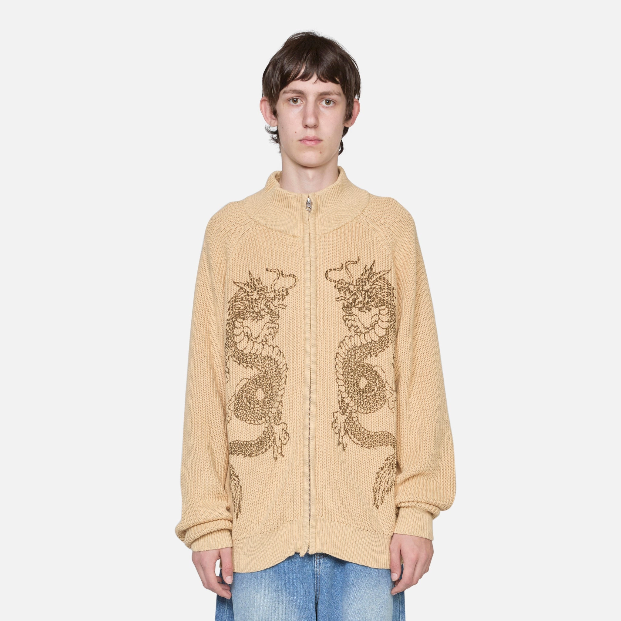 Dragon Zip-Thru Knit Sweater Sand