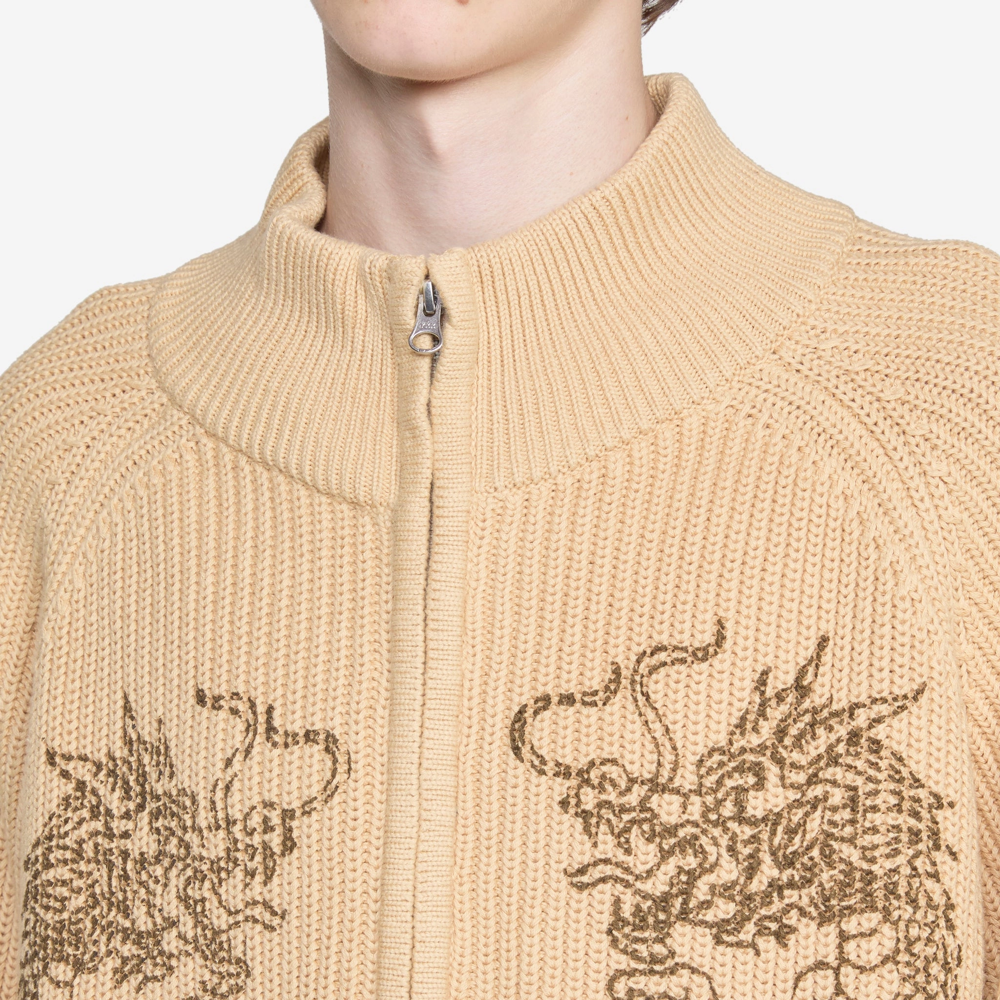 Dragon Zip-Thru Knit Sweater Sand